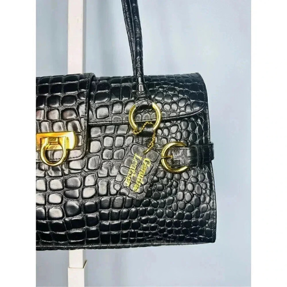 Lord & Taylor NWT Black Moc Croc Leather Shoulder Bag - Picture 2 of 7